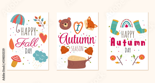 Hello Autumn greeting printing cards template concept set. Vector cartoon design element illustration