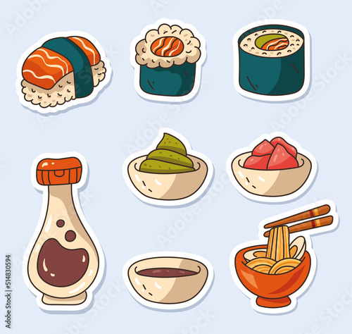 Sushi roll stickers isolated on white background. Vector flat cartoon graphic design illustration