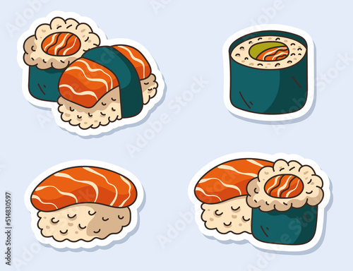 Sushi roll stickers isolated on white background. Vector flat cartoon graphic design illustration