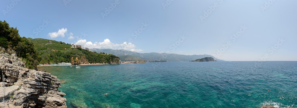 Panoramic view of Budva bay with Mogren beach, Montenegro.