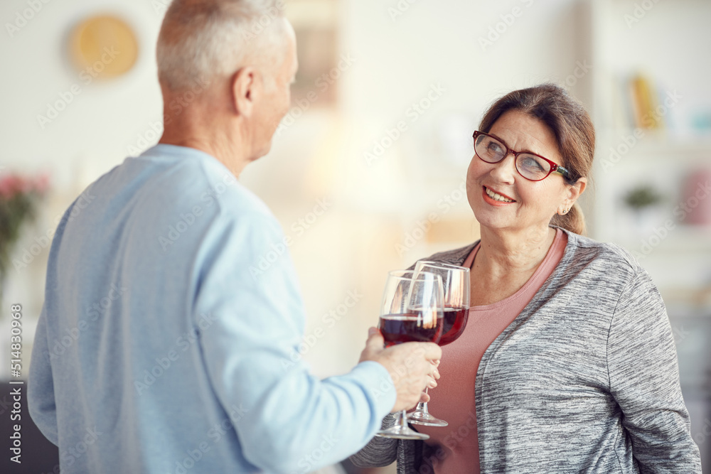 Positive senior couple in casual clothing standing in living room and toasting with wineglasses while celebrating anniversary Positive senior couple in casual clothing standing in living room and toasting with wineglasses while celebrating anniversary
