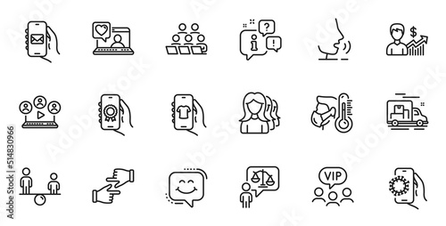 Outline set of Sick man, Vip clients and Mail app line icons for web application. Talk, information, delivery truck outline icon. Include Award app, Equity, Click hands icons. Vector