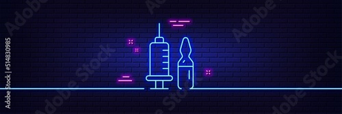 Neon light glow effect. Medical vaccination line icon. Medicine vaccine sign. Pharmacy medication symbol. 3d line neon glow icon. Brick wall banner. Medical vaccination outline. Vector
