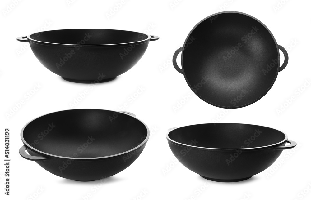 Set with empty woks on white background Set with empty woks on white background