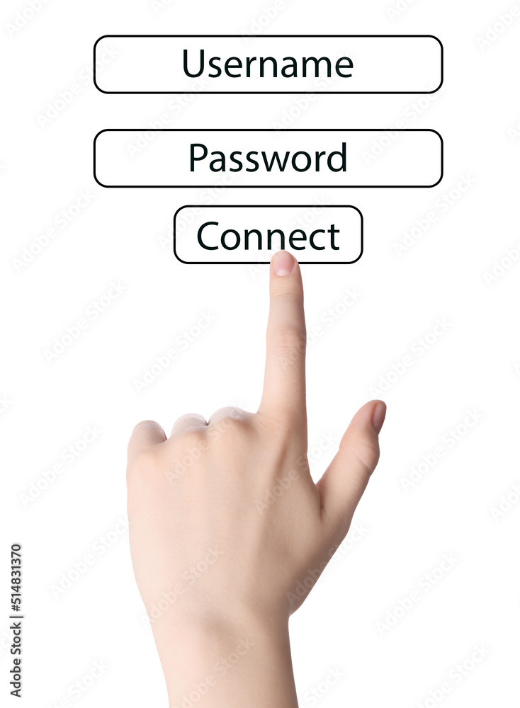 Illustration of authorization interface and woman pressing button CONNECT on white background, closeup Illustration of authorization interface and woman pressing button CONNECT on white background, closeup