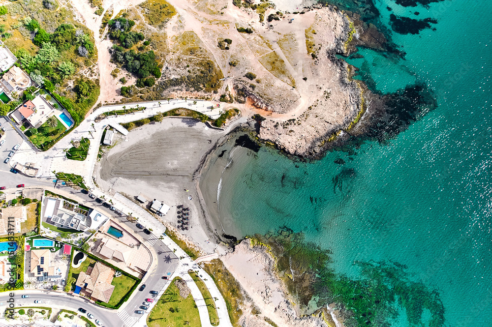 Playa de Cala Mosca seaside, aerial shot. Spain