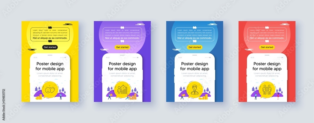Simple set of Businessman person, Business statistics and Smile line icons. Poster offer design with phone interface mockup. Include Employees teamwork icons. For web, application. Vector
