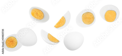 Tasty hard boiled eggs flying on white background. Banner design