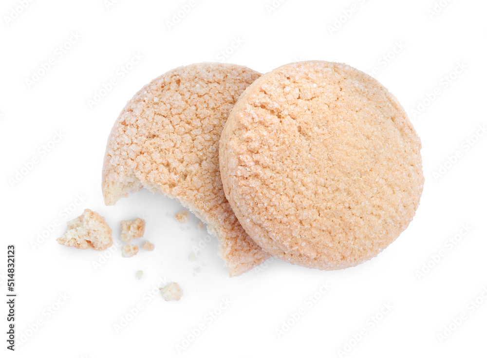 Two tasty sugar cookies isolated on white, top view Two tasty sugar cookies isolated on white, top view
