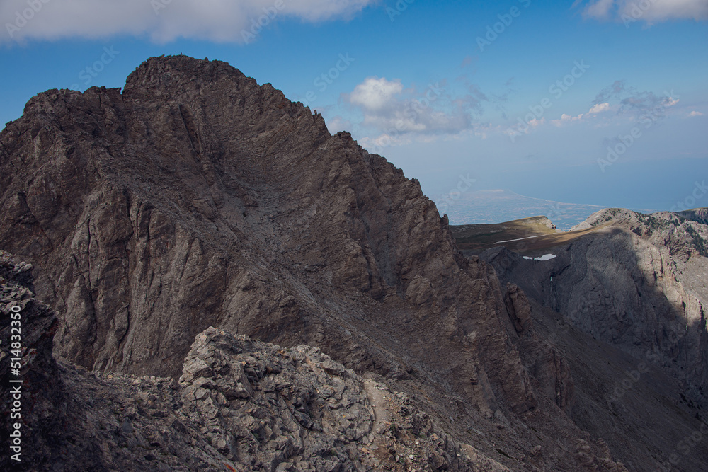 Landscape of the  Olympus Range mountains. View of a high rocky peaks and deep gorges. The highest peak, Mytikas. It is highest mountains in Greece. National Park. World Biosphere Reserve. Europe.