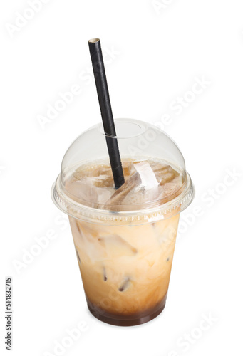 Takeaway plastic cup with cold coffee drink and straw isolated on white