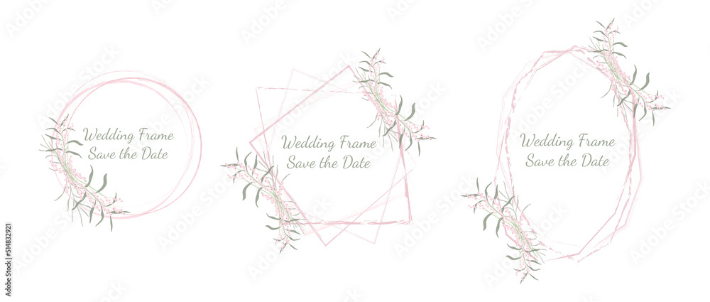 Wedding frames in light pink and green color with flowers. Wedding invitation. Save the date. Wedding frames in light pink and green color with flowers. Wedding invitation. Save the date.
