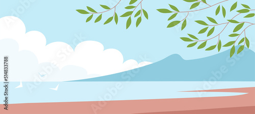 Seascape with coast and mountains. Tree branch. Wild beach. Summer sea. Beautiful nature. Flat vector illustration background