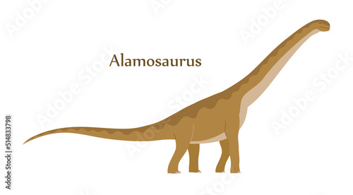Big alamosaurus with a long neck and tail. Herbivorous dinosaur sauropod of the Jurassic period. Prehistoric lizard. Vector cartoon illustration isolated on a white background