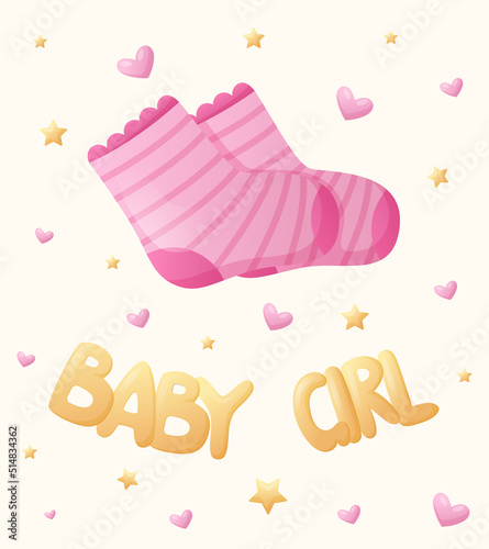 Vector cute cartoon card or banner with pink socks and hand lettering baby girl.
