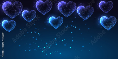 Abstract futuristic glowing low polygonal heart shapes banner template on dark blue backgound. 