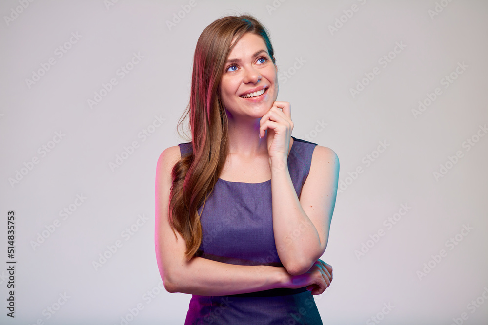 Happy business woman thinking and touching chin looking away isolated portrait. Happy business woman thinking and touching chin looking away isolated portrait.