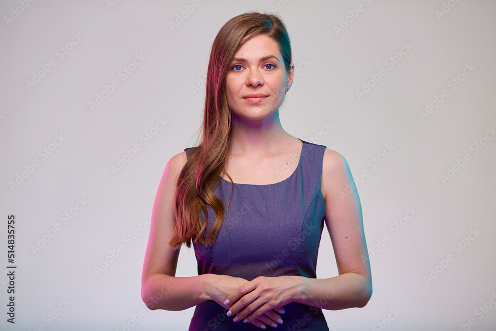 Business woman isolated portrait with folded hands. Business woman isolated portrait with folded hands.
