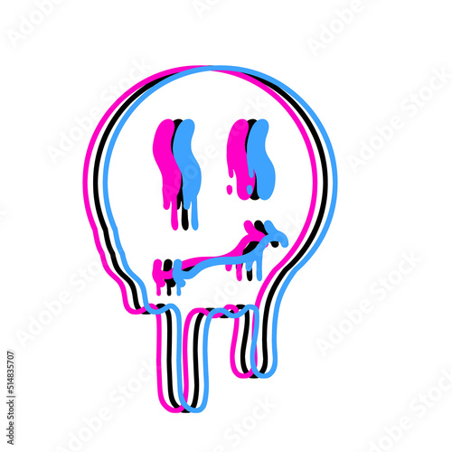 Acid smile face. Melted rave and techno symbol of 90s. Trendy Psychedelic print