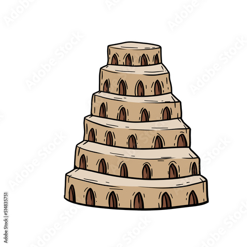 Tower of Babel. Ancient city Babylon of Mesopotamia and Iraq. Biblical story. Sumerian civilization. History and archaeology. Hand drawn sketch