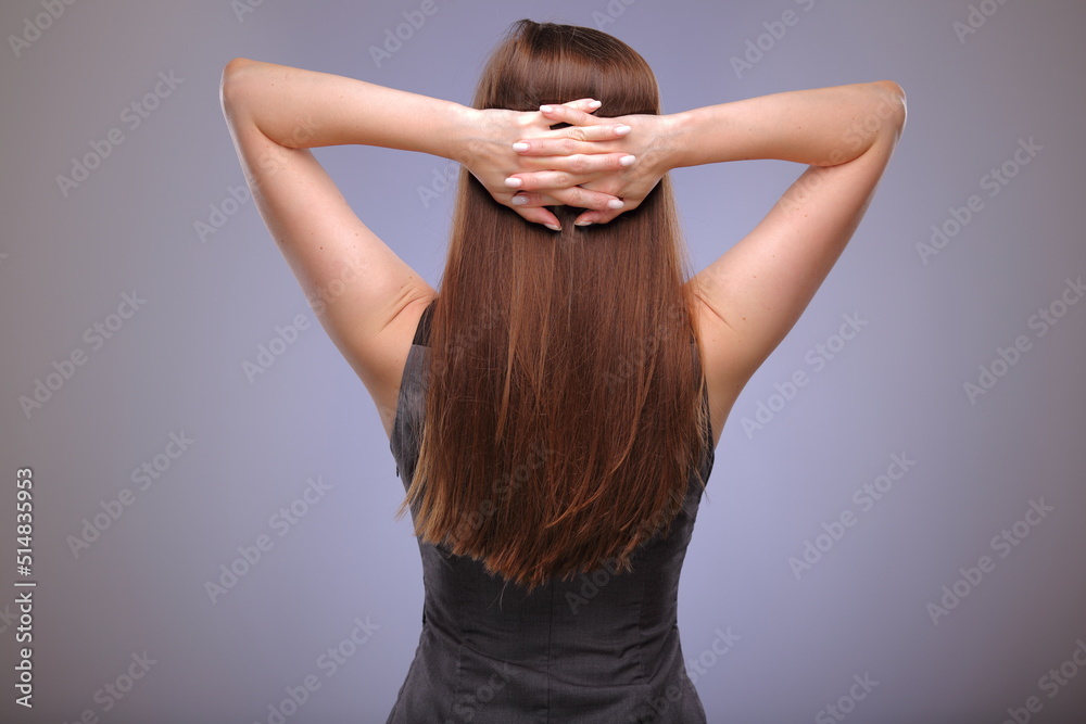 Back woman with long hair isolated female portrait. Back woman with long hair isolated female portrait.