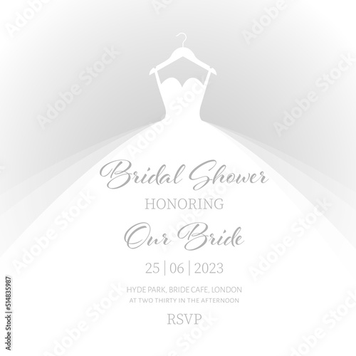 Bridal Shower invitation with wedding dress postcard inn minimalist aesthetic style. Vector illustration in passtel nude tones