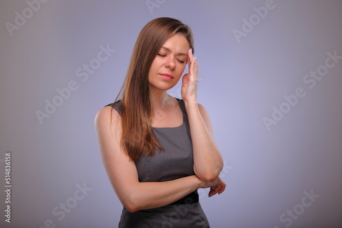 Woman headache pain, business person, teacher or adult student isolated female portrait.