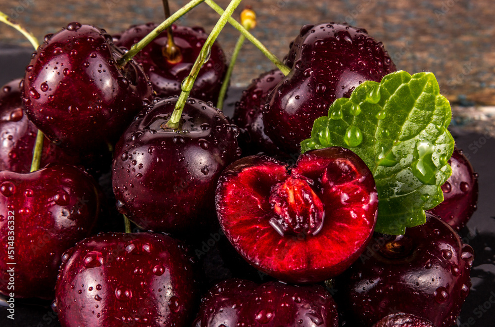 Juicy cherry berry close-up. Cut cherry