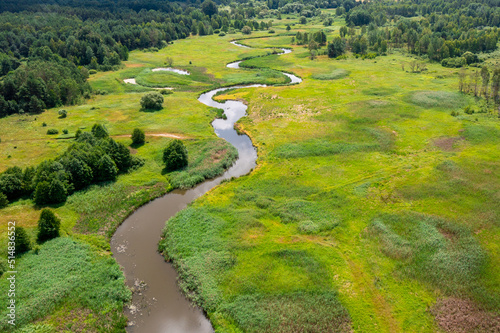  Warta river aerial view, many meanders. Summer time. Jura region near Czestochowa. Silesian Voivodeship. Poland. 