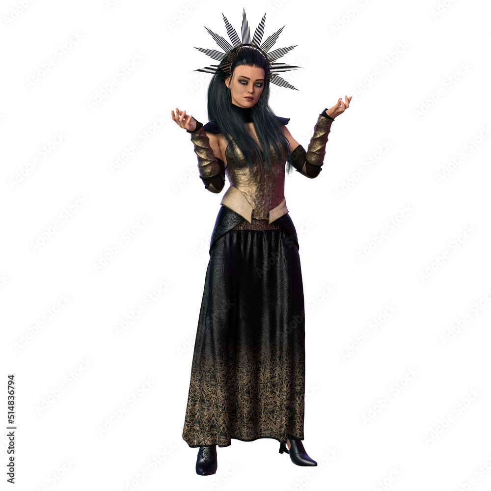 Dark Queen Warrior Woman with Metal Crown, 3D Illustration, 3D Rendering