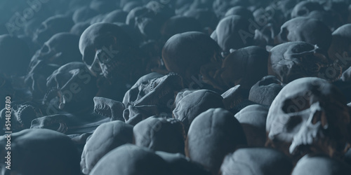 Bunch of Scattered Bones Human Skulls covering dusty ground, death conceptual backgound