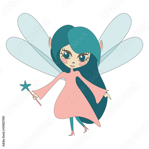 Magic fairy with emerald hair isolated on white background.