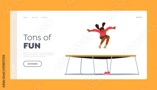 Little Black Girl Jump On Trampoline Landing Page Template. Child Enjoy Life And Freedom During Summer Holidays
