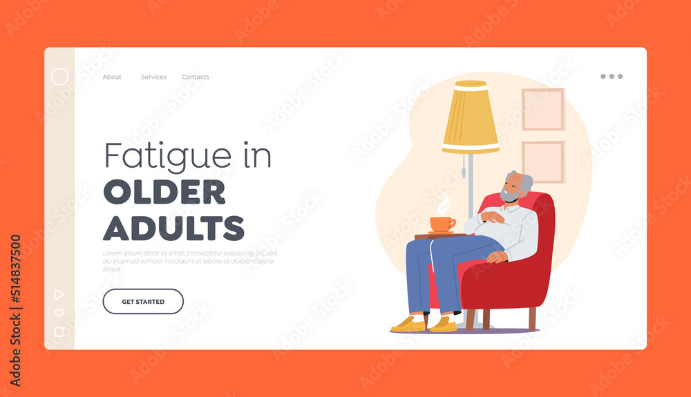 Fatigue in Older Adults Landing Page Template. Grandpa Character Sleep On Armchair. Tired Elderly Lonely Man