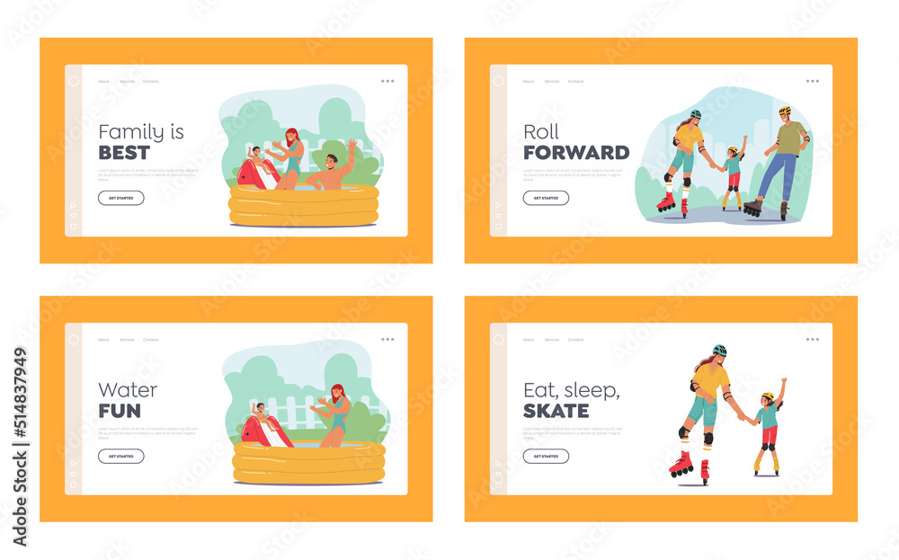 Family Activities Landing Page Template Set. Happy Mother, Father And Children Walking In Park, Young Parents And Kids