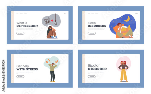 People with Mental Disease Landing Page Template Set. Stress, Depression, Bipolar and Sleep Disorder, Hallucinations