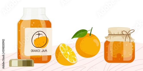 Orange jam or marmalade in jars with label and fresh orange fruits on table. Homemade preparations and canning. Fruit conservation. Farmer Market Branding. Canned orange fruit. Organic food template