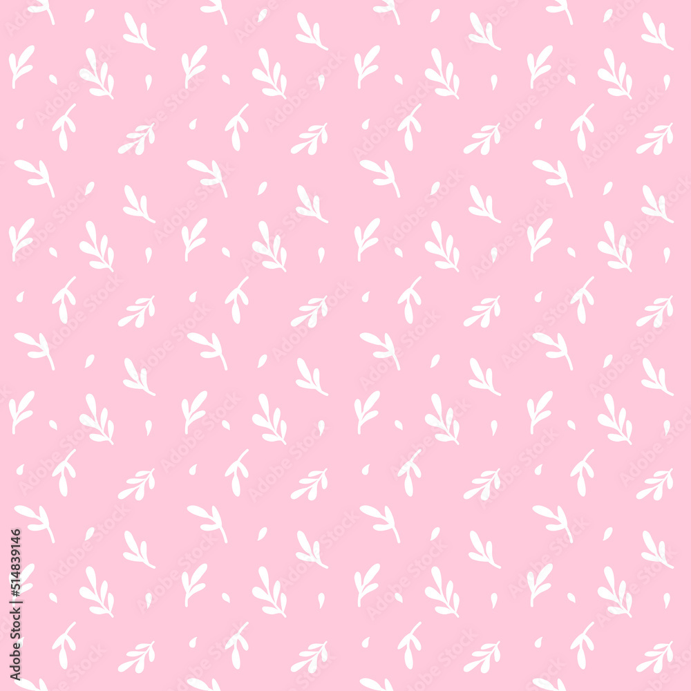 Botanical seamless pattern with small white leaves and branches on pink. design of textiles, fabrics, clothing, wallpaper, packaging, interior design, upholstery fabric Botanical seamless pattern with small white leaves and branches on pink. design of textiles, fabrics, clothing, wallpaper, packaging, interior design, upholstery fabric