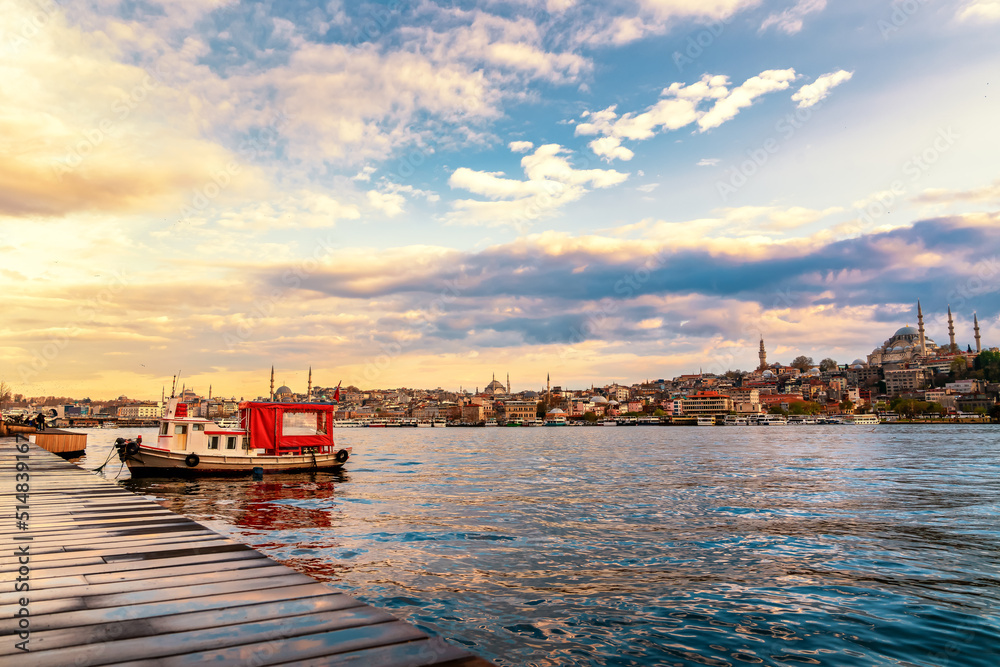 Boat sails on the Golden Horn at sunset, Istanbul , Turkiye
