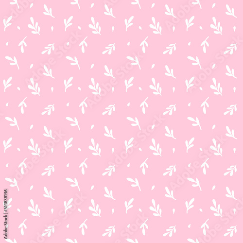 Botanical seamless pattern with small white leaves and branches on pink. design of textiles, fabrics, clothing, wallpaper, packaging, interior design, upholstery fabric