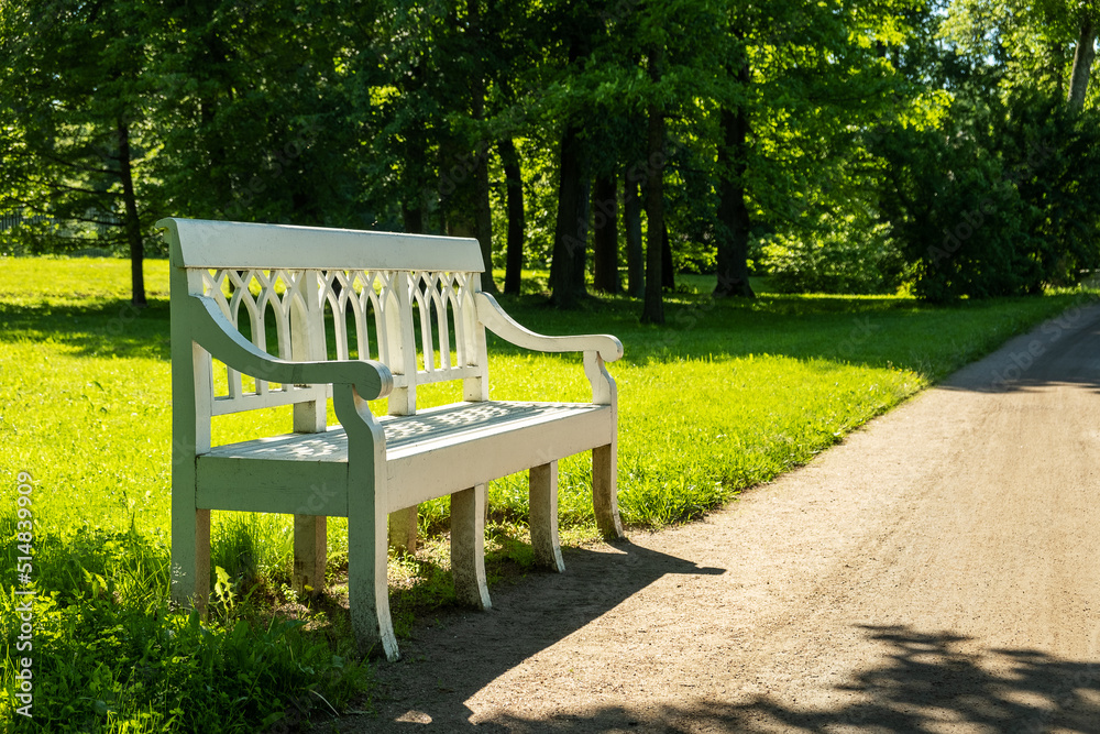 eautiful white wooden historic bench in a shady park on a summer day. Selective focus. eautiful white wooden historic bench in a shady park on a summer day. Selective focus.