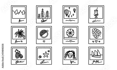 Set of cute photo frame memories from vacation. Instant camera pic for photo album. Fun minimalist drawing for a trip