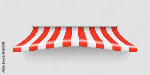 Realistic detailed 3d color awning for store, grocery shop, market and cafe. Retro red sunshade tent