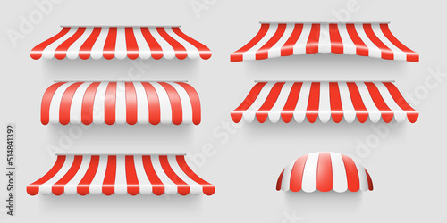 Realistic shop awning tents set. Outdoor market canopy roof for cafe, store front and shop