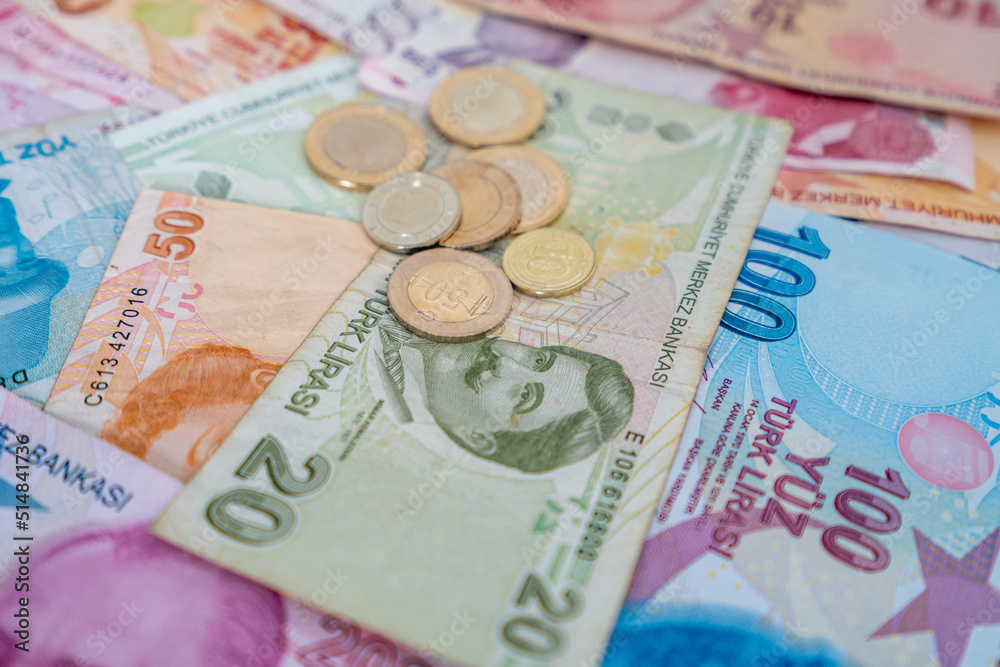 Various Turkish Lira Banknotes And Coins. Turkish Money Various Turkish Lira Banknotes And Coins. Turkish Money