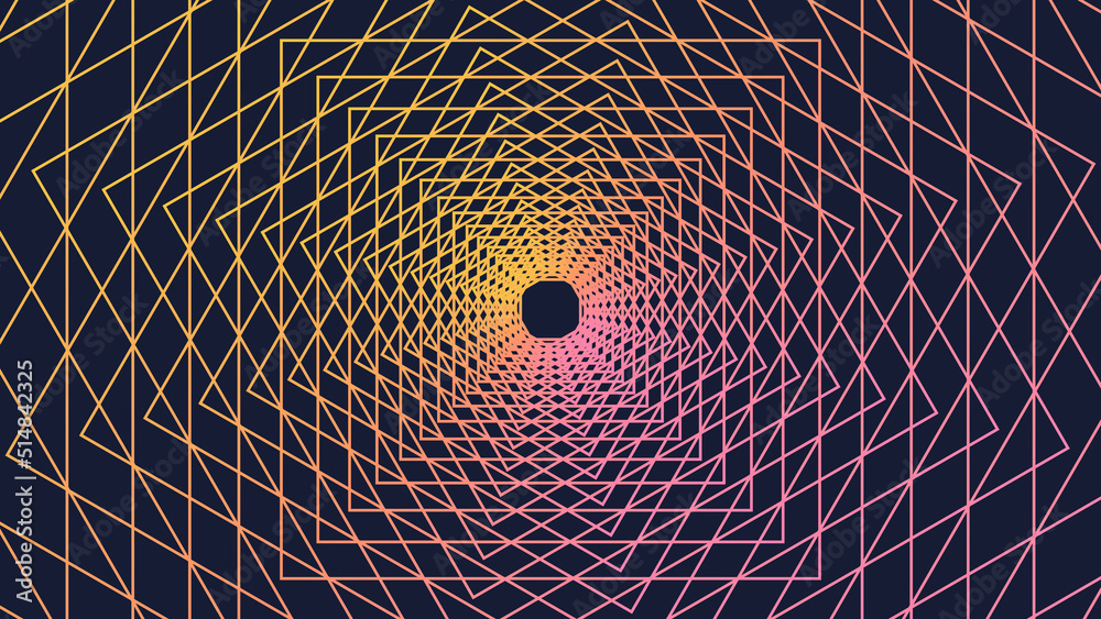 Fototapeta premium Twisted gradient lines of a quadrangular frame. Vector 3d tunnel made of geometric shapes. Abstract graphic spiral on a dark background.