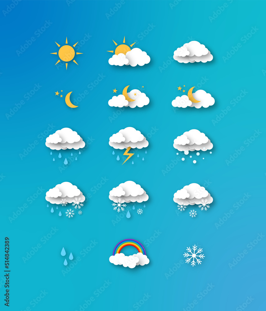 Obraz premium Weather icons set. Paper cut style vector illustration.