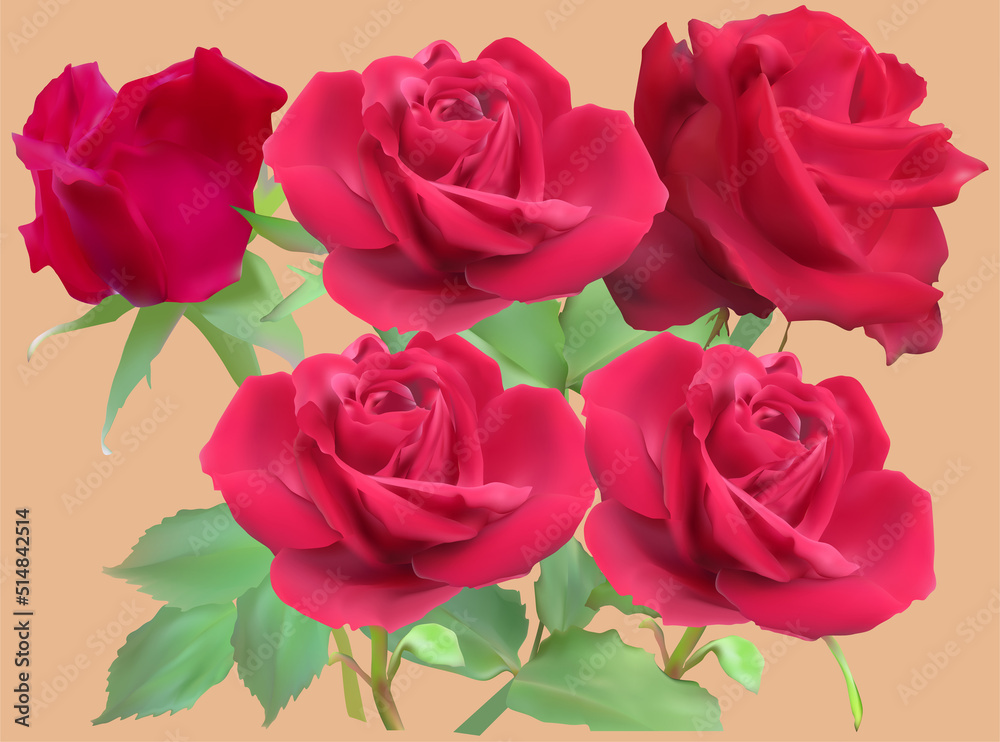 five red rose flowers bunch isolated on light brown