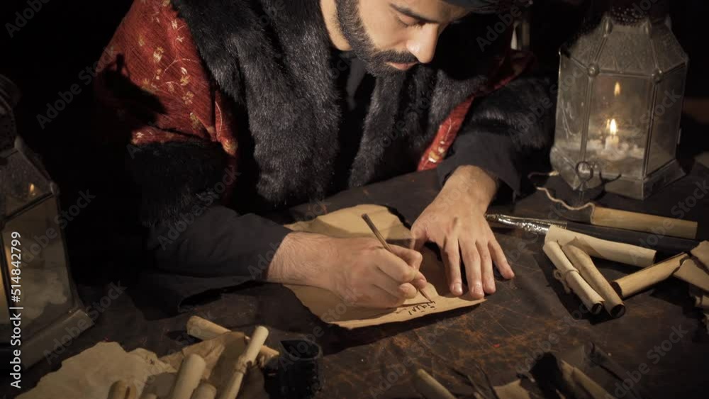 Correspondence in the Ottoman Empire.
The sultan writes his letter in Arabic letters at his desk.
