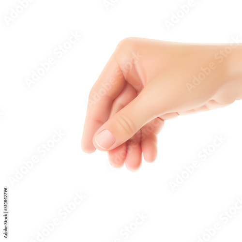 Realistic hand of a girl with a clenched thumb and forefinger. Vector illustration isolated on white background. Great for presentation of any commensurately sized product. Looks good on any back. EPS
